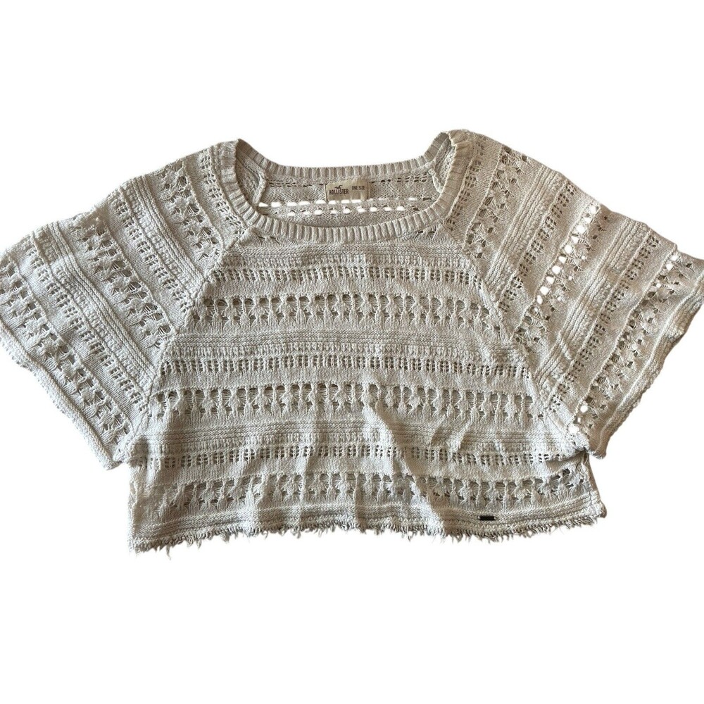 Hollister Ivory Crochet Knit Crop Top One Size Fringe Hem‎ Boho Festival Style